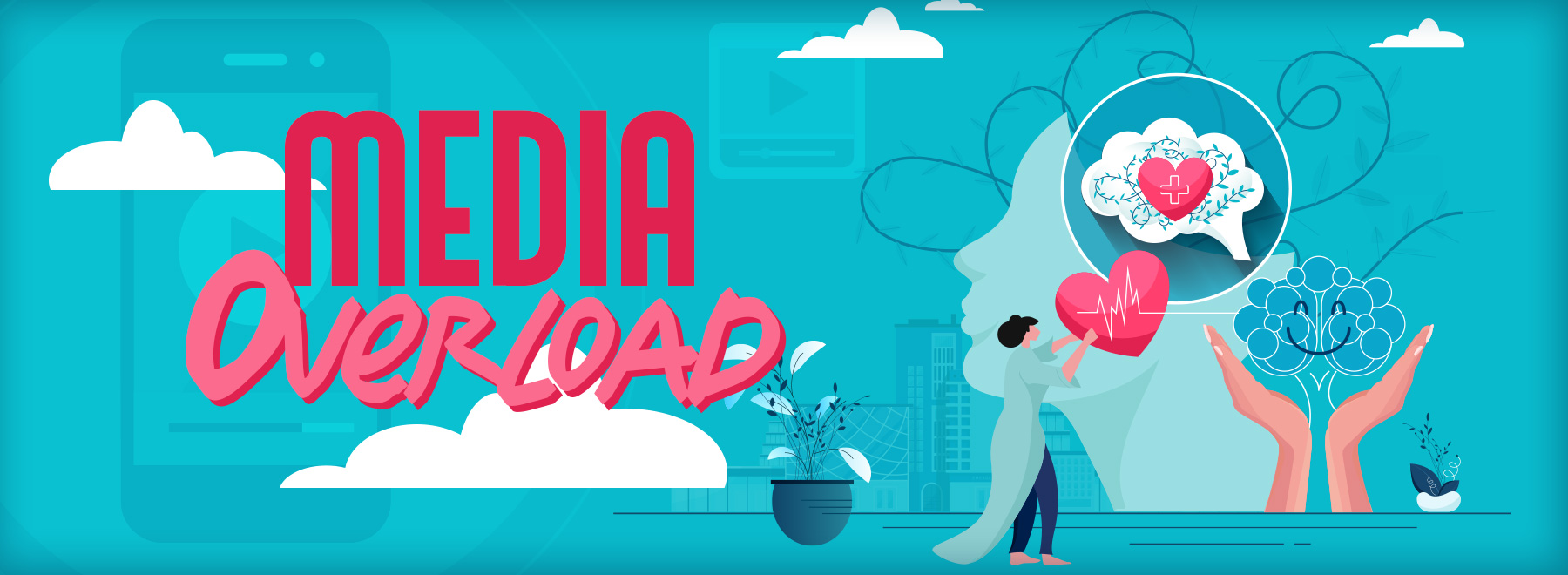 Illustration depicting how we have media overload, focusing on the relationship between media consumption and mental well-being.